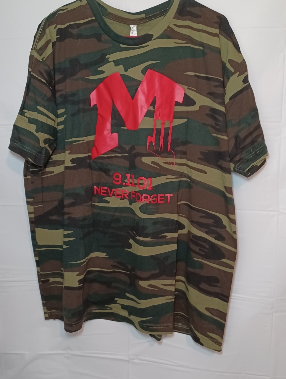 Never Forget 9.11.01 Camo Tee with Red Graphic Representing The Twin Towers